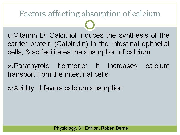 Factors affecting absorption of calcium Vitamin D: Calcitriol induces the synthesis of the carrier Factors affecting absorption of calcium Vitamin D: Calcitriol induces the synthesis of the carrier