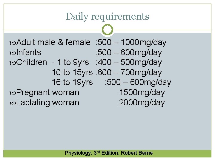 Daily requirements Adult male & female Infants Children - 1 to 9 yrs : Daily requirements Adult male & female Infants Children - 1 to 9 yrs :