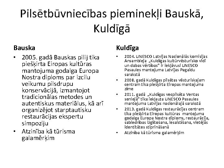 Pilsētbūvniecības pieminekļi Bauskā, Kuldīgā Bauska Kuldīga • 2005. gadā Bauskas pilij tika piešķirta Eiropas