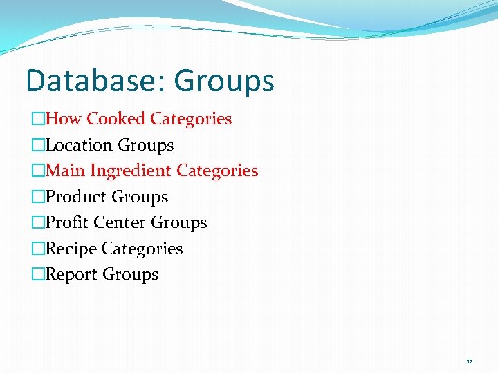 Database: Groups �How Cooked Categories �Location Groups �Main Ingredient Categories �Product Groups �Profit Center