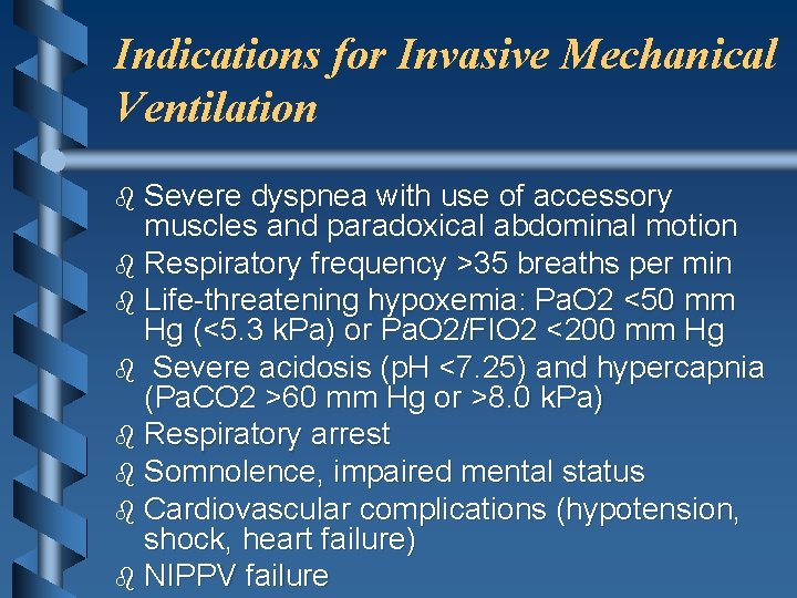 Indications for Invasive Mechanical Ventilation b Severe dyspnea with use of accessory muscles and