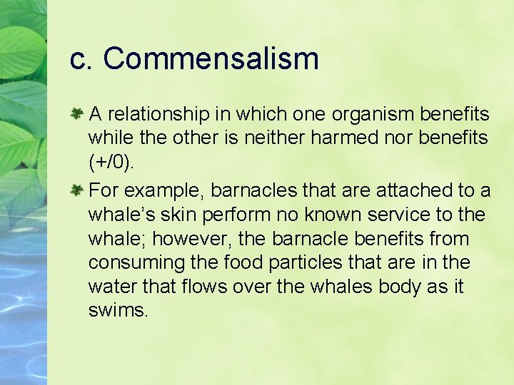 c. Commensalism A relationship in which one organism benefits while the other is neither