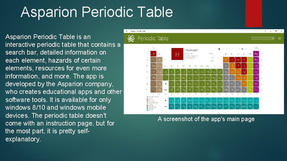 Asparion Periodic Table is an interactive periodic table that contains a search bar, detailed