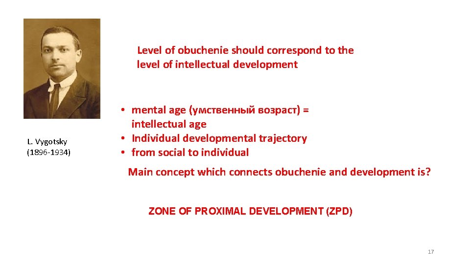 Level of obuchenie should correspond to the level of intellectual development L. Vygotsky (1896