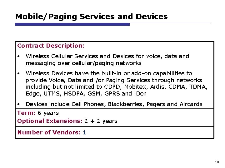 Mobile/Paging Services and Devices Contract Description: • Wireless Cellular Services and Devices for voice,