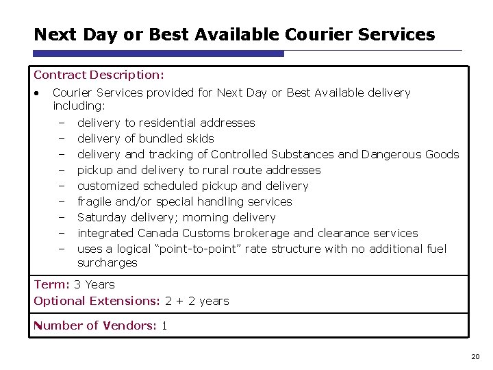 Next Day or Best Available Courier Services Contract Description: • Courier Services provided for