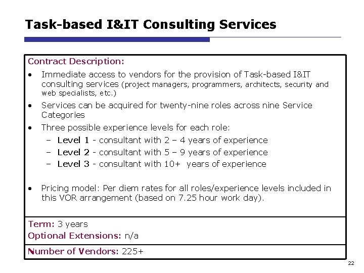 Task-based I&IT Consulting Services Contract Description: • Immediate access to vendors for the provision