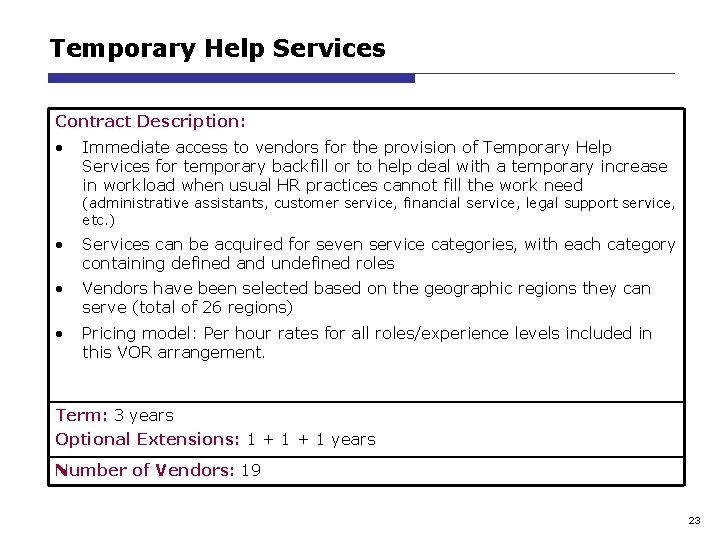 Temporary Help Services Contract Description: • Immediate access to vendors for the provision of