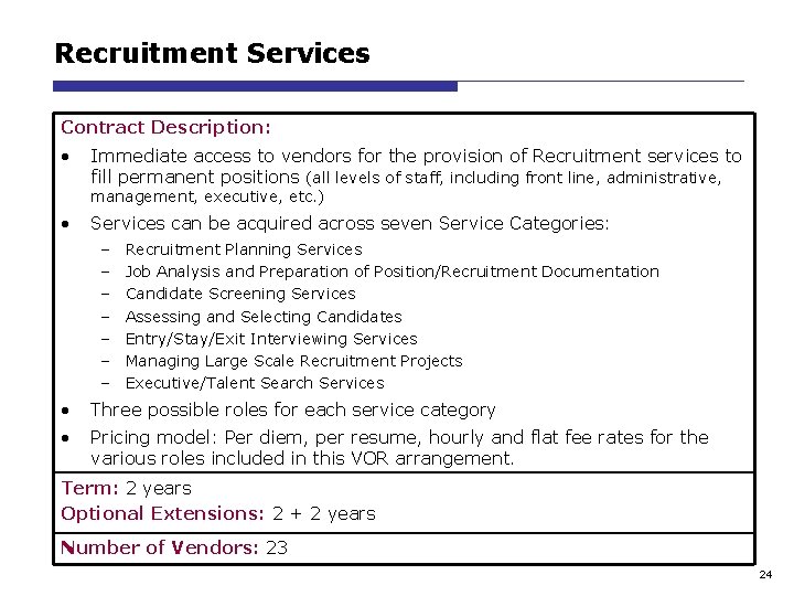 Recruitment Services Contract Description: • Immediate access to vendors for the provision of Recruitment