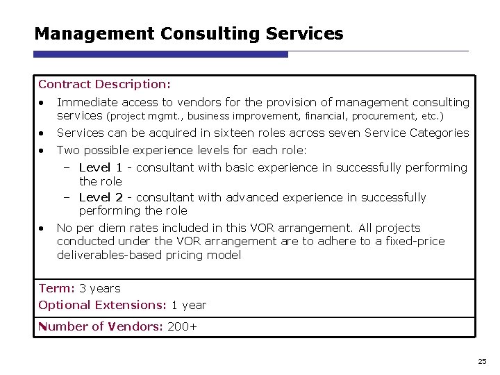 Management Consulting Services Contract Description: • Immediate access to vendors for the provision of