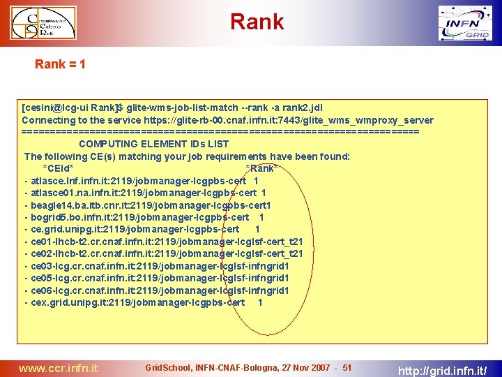 Rank = 1 [cesini@lcg-ui Rank]$ glite-wms-job-list-match --rank -a rank 2. jdl Connecting to the