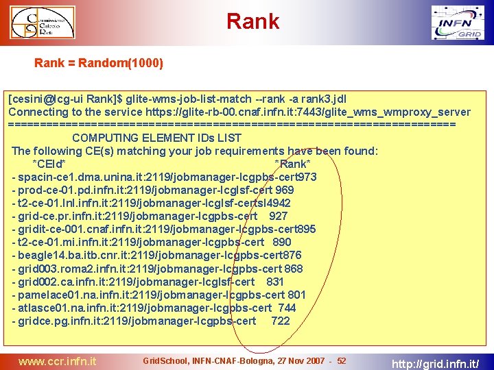 Rank = Random(1000) [cesini@lcg-ui Rank]$ glite-wms-job-list-match --rank -a rank 3. jdl Connecting to the