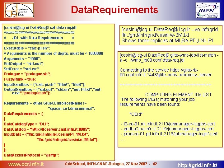 Data. Requirements [cesini@lcg-ui Data. Req]$ cat data-req. jdl ################# # JDL with Data Requirements