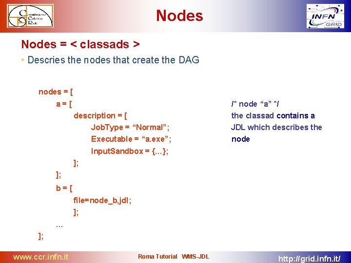 Nodes = < classads > • Descries the nodes that create the DAG nodes