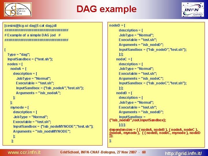 DAG example [cesini@lcg-ui dag]$ cat dag. jdl ################# # Example of a simple DAG
