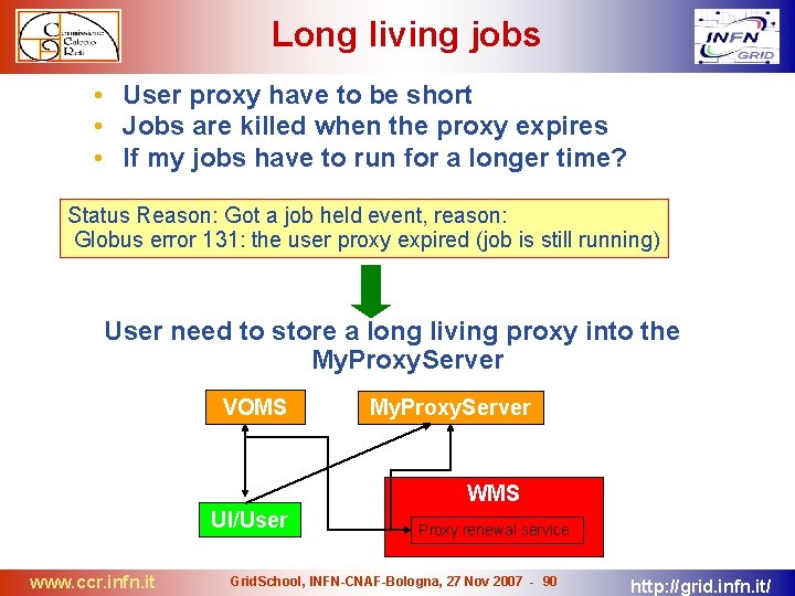 Long living jobs • User proxy have to be short • Jobs are killed