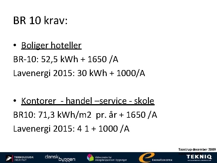 BR 10 krav: • Boliger hoteller BR-10: 52, 5 k. Wh + 1650 /A