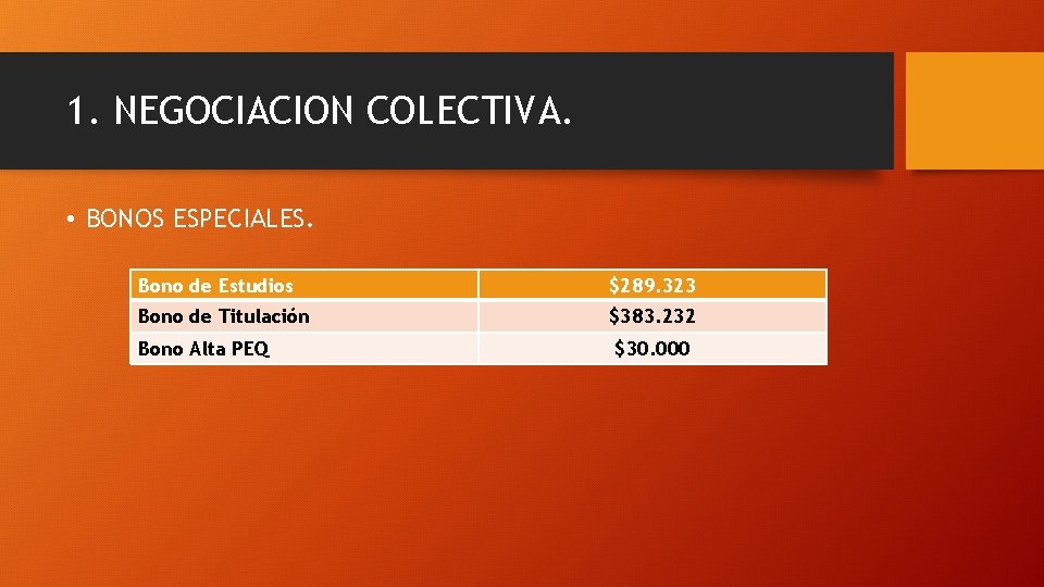1. NEGOCIACION COLECTIVA. • BONOS ESPECIALES. Bono de Estudios $289. 323 Bono de Titulación