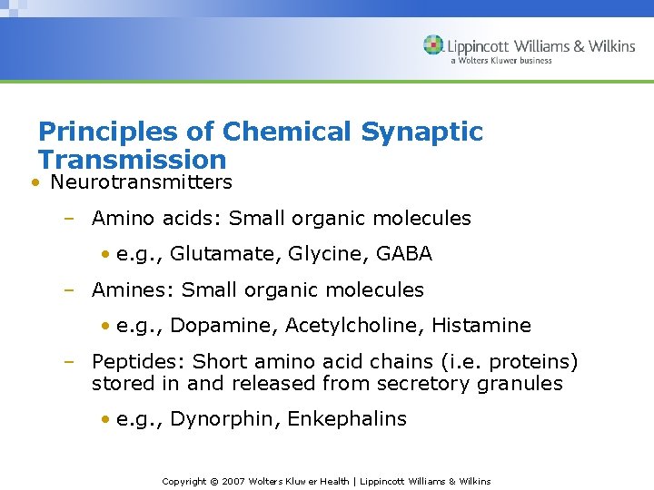 Principles of Chemical Synaptic Transmission • Neurotransmitters – Amino acids: Small organic molecules • Principles of Chemical Synaptic Transmission • Neurotransmitters – Amino acids: Small organic molecules •