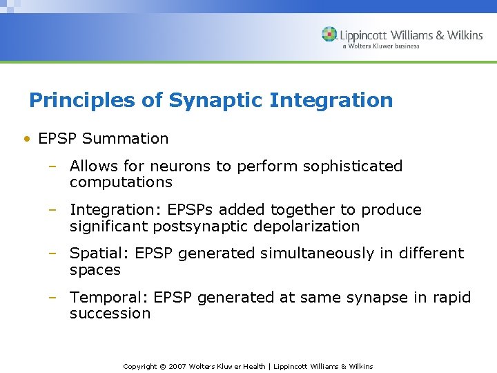 Principles of Synaptic Integration • EPSP Summation – Allows for neurons to perform sophisticated