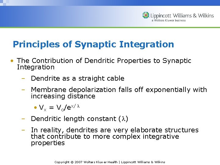 Principles of Synaptic Integration • The Contribution of Dendritic Properties to Synaptic Integration –