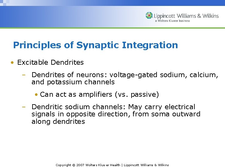 Principles of Synaptic Integration • Excitable Dendrites – Dendrites of neurons: voltage-gated sodium, calcium,