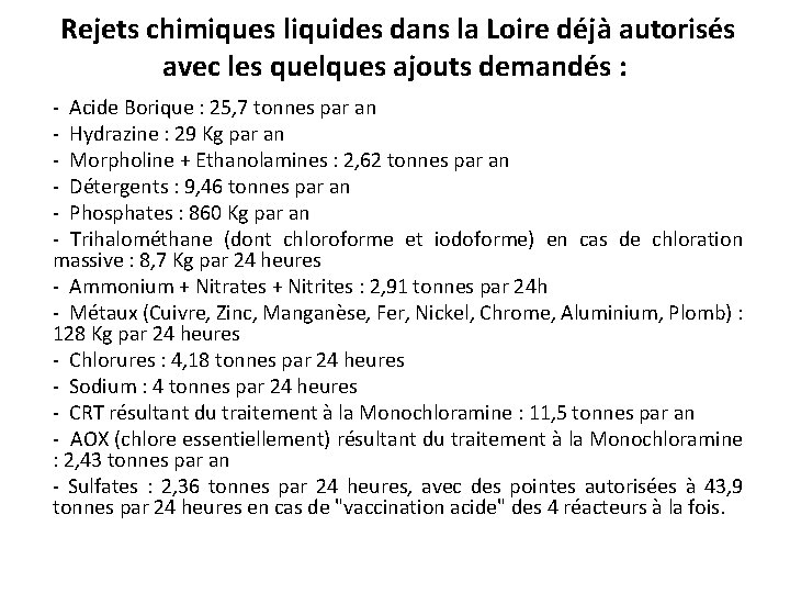  Rejets chimiques liquides dans la Loire déjà autorisés avec les quelques ajouts demandés