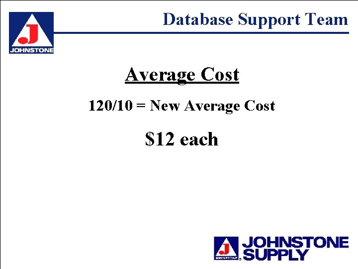 Database Support Team Average Cost 120/10 = New Average Cost $12 each 