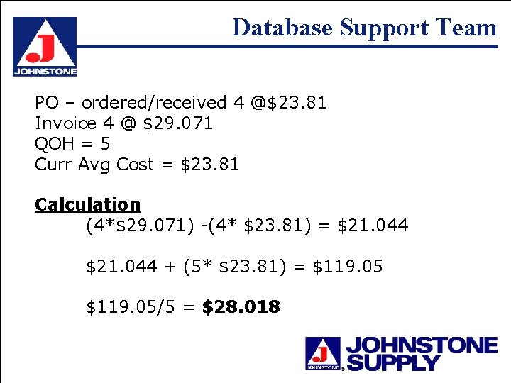 Database Support Team PO – ordered/received 4 @$23. 81 Invoice 4 @ $29. 071