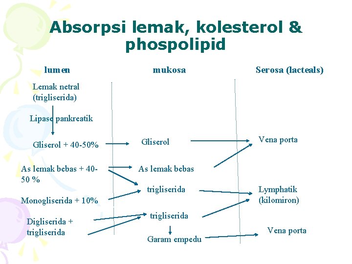 Absorpsi lemak, kolesterol & phospolipid lumen mukosa Serosa (lacteals) Lemak netral (trigliserida) Lipase pankreatik