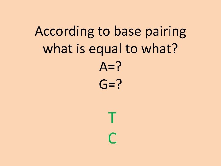 According to base pairing what is equal to what? A=? G=? T C 