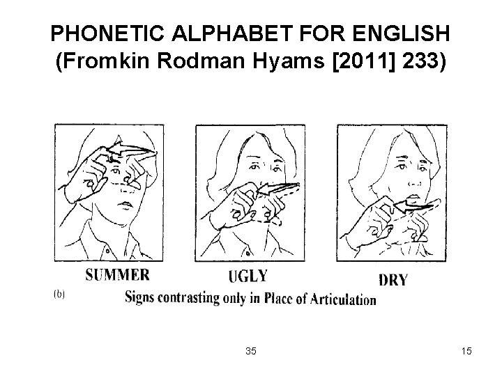 PHONETIC ALPHABET FOR ENGLISH (Fromkin Rodman Hyams [2011] 233) 35 15 