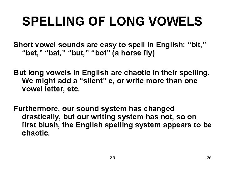 SPELLING OF LONG VOWELS Short vowel sounds are easy to spell in English: “bit,
