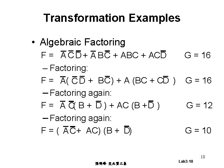 Transformation Examples • Algebraic Factoring F = A C D + A B C
