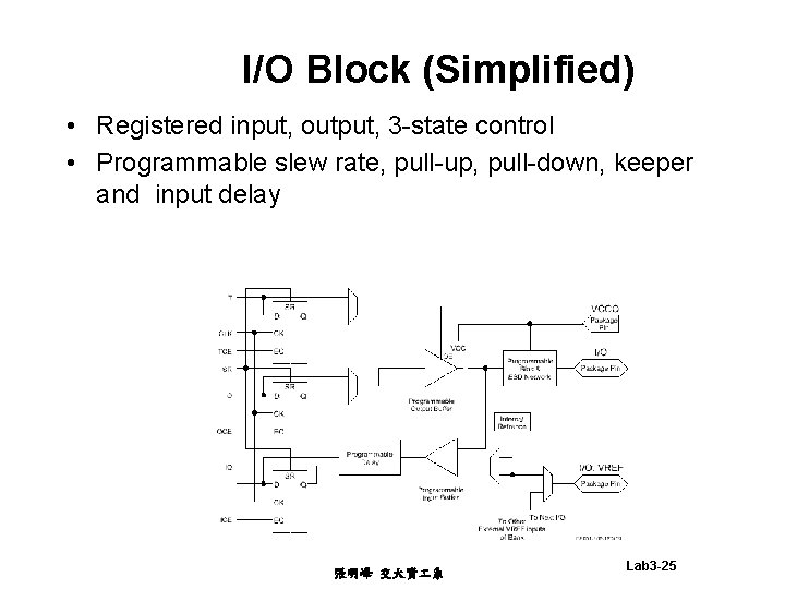 I/O Block (Simplified) • Registered input, output, 3 -state control • Programmable slew rate,