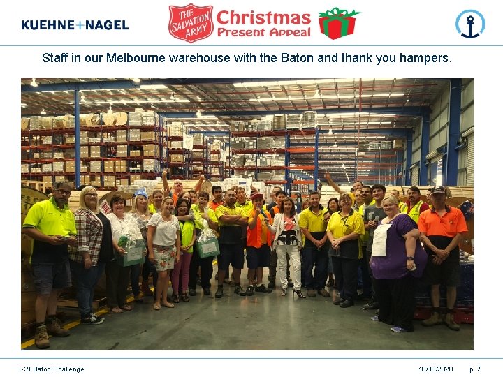 Staff in our Melbourne warehouse with the Baton and thank you hampers. KN Baton
