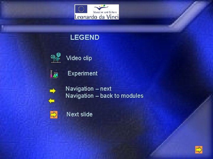 LEGEND Video clip Experiment Navigation – next Navigation – back to modules Next slide