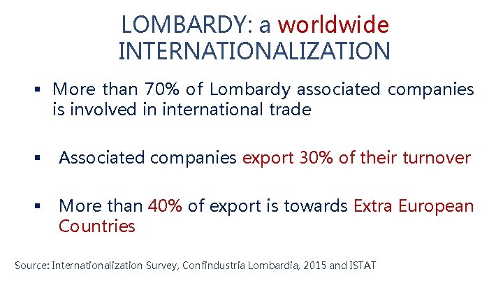 LOMBARDY: a worldwide INTERNATIONALIZATION § More than 70% of Lombardy associated companies is involved