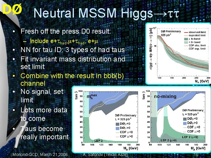 DØ Neutral MSSM Higgs→tt • Fresh off the press D 0 result: – Include