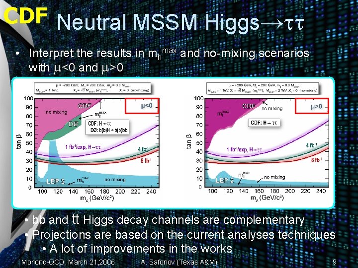 CDF Neutral MSSM Higgs→tt • Interpret the results in mhmax and no-mixing scenarios with