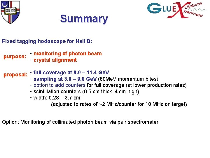 Summary Fixed tagging hodoscope for Hall D: purpose: • monitoring of photon beam •