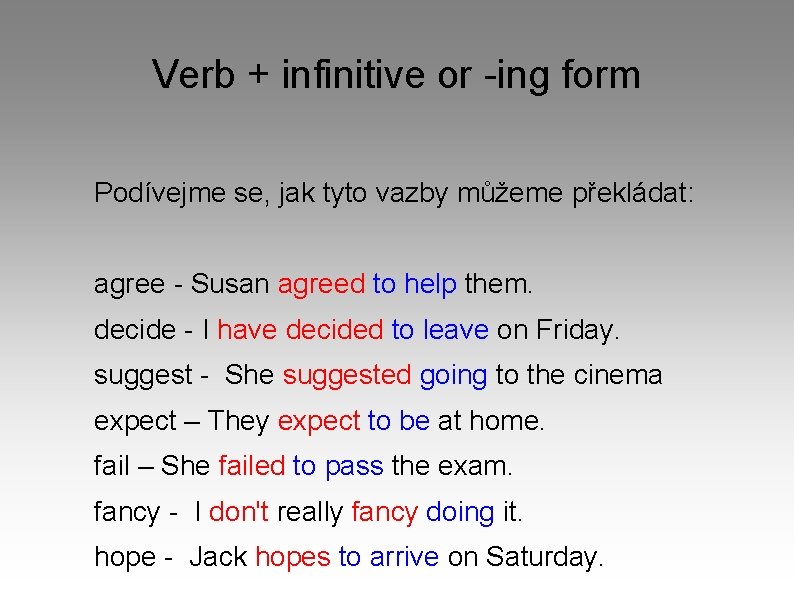 Verb + infinitive or -ing form Podívejme se, jak tyto vazby můžeme překládat: agree