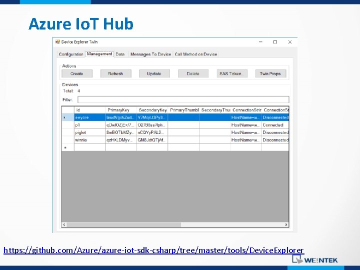 Azure Io. T Hub https: //github. com/Azure/azure-iot-sdk-csharp/tree/master/tools/Device. Explorer 