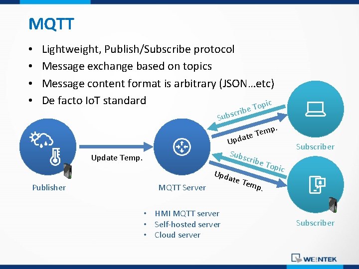 MQTT • • Lightweight, Publish/Subscribe protocol Message exchange based on topics Message content format
