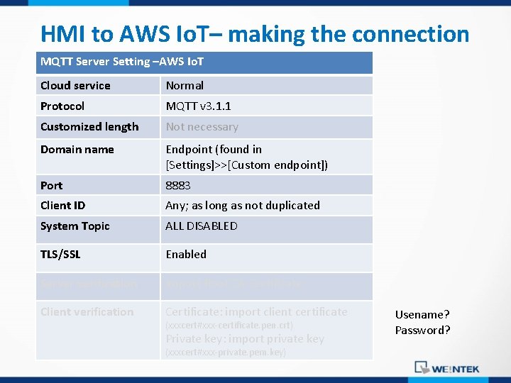HMI to AWS Io. T– making the connection MQTT Server Setting –AWS Io. T