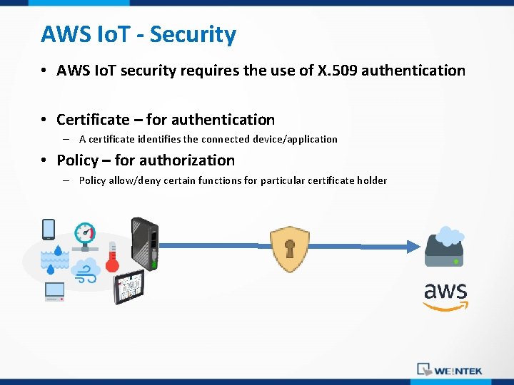 AWS Io. T - Security • AWS Io. T security requires the use of