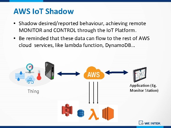 AWS Io. T Shadow • Shadow desired/reported behaviour, achieving remote MONITOR and CONTROL through