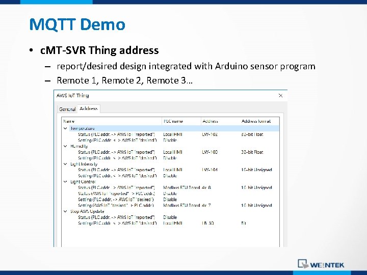 MQTT Demo • c. MT-SVR Thing address – report/desired design integrated with Arduino sensor