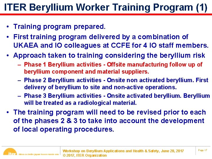 ITER Beryllium Worker Training Program (1) • Training program prepared. • First training program