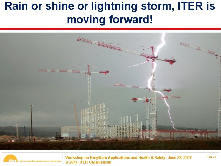 Rain or shine or lightning storm, ITER is moving forward! Workshop on Beryllium Applications